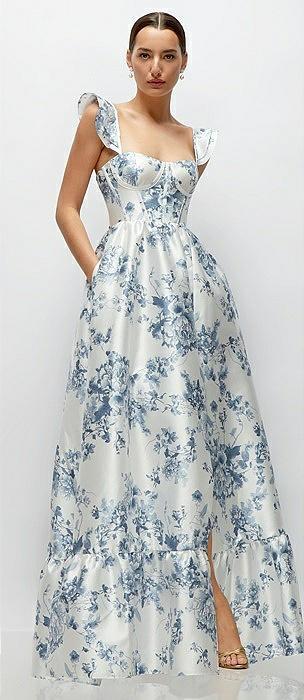 floral satin corset maxi dress with ruffle straps & skirt