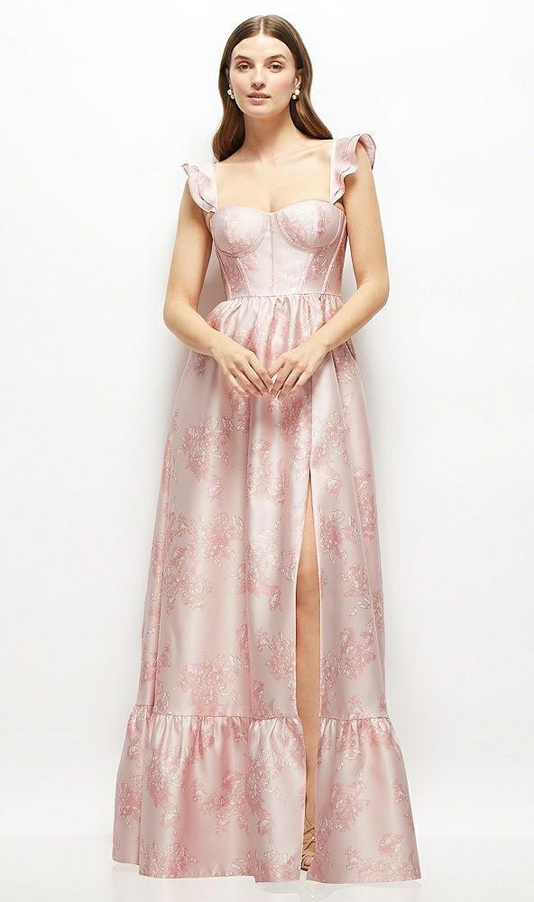 floral satin corset maxi dress with ruffle straps & skirt