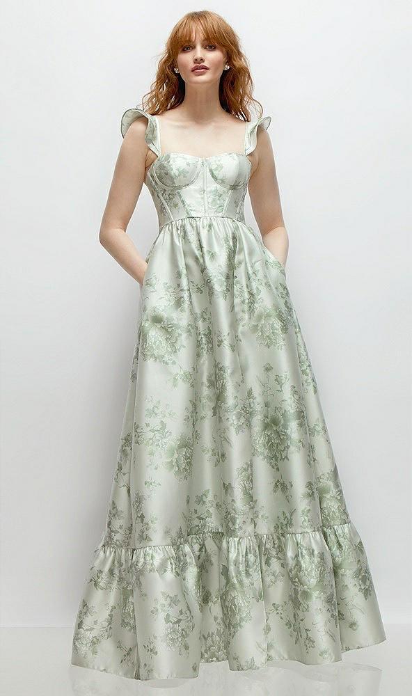 floral satin corset maxi dress with ruffle straps & skirt
