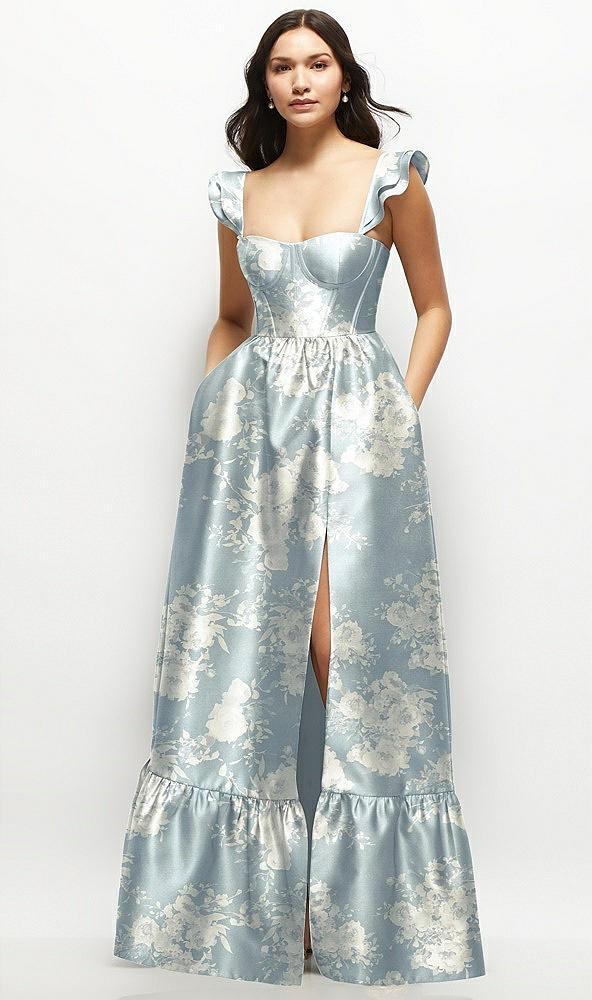 floral satin corset maxi dress with ruffle straps & skirt