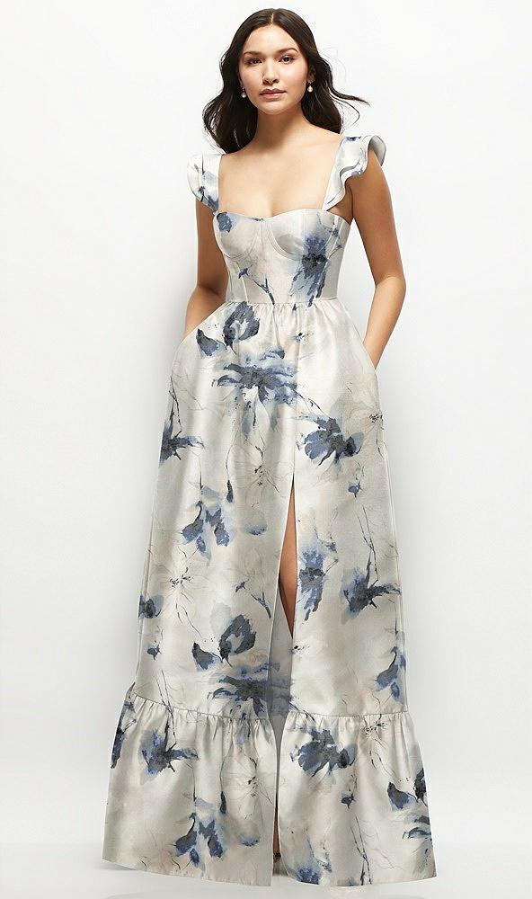 floral satin corset maxi dress with ruffle straps & skirt