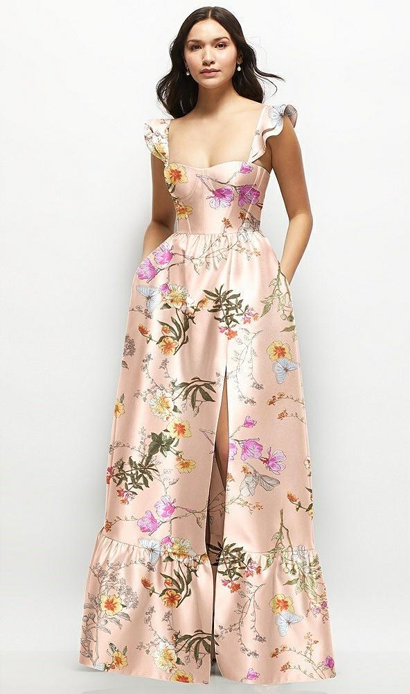 floral satin corset maxi dress with ruffle straps & skirt
