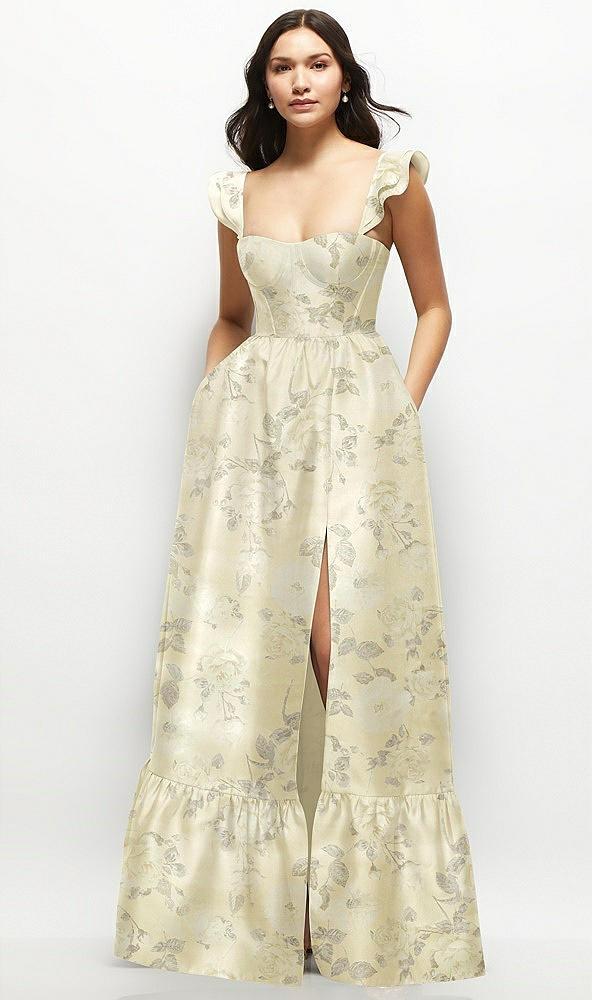 floral satin corset maxi dress with ruffle straps & skirt