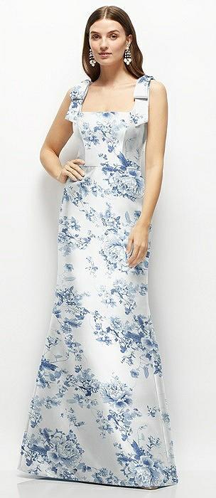 floral satin fit and flare maxi dress with shoulder bows