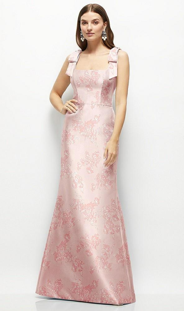 floral satin fit and flare maxi dress with shoulder bows
