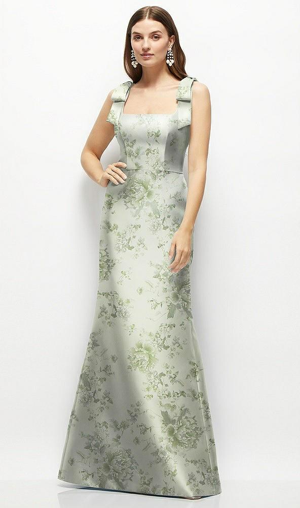 floral satin fit and flare maxi dress with shoulder bows
