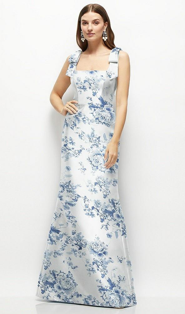 floral satin fit and flare maxi dress with shoulder bows