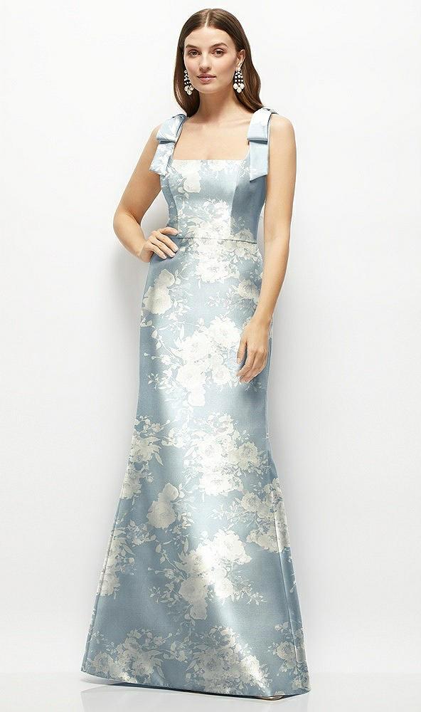 floral satin fit and flare maxi dress with shoulder bows