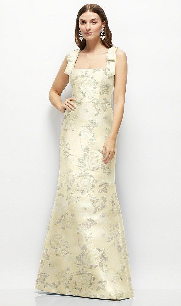 floral satin fit and flare maxi dress with shoulder bows