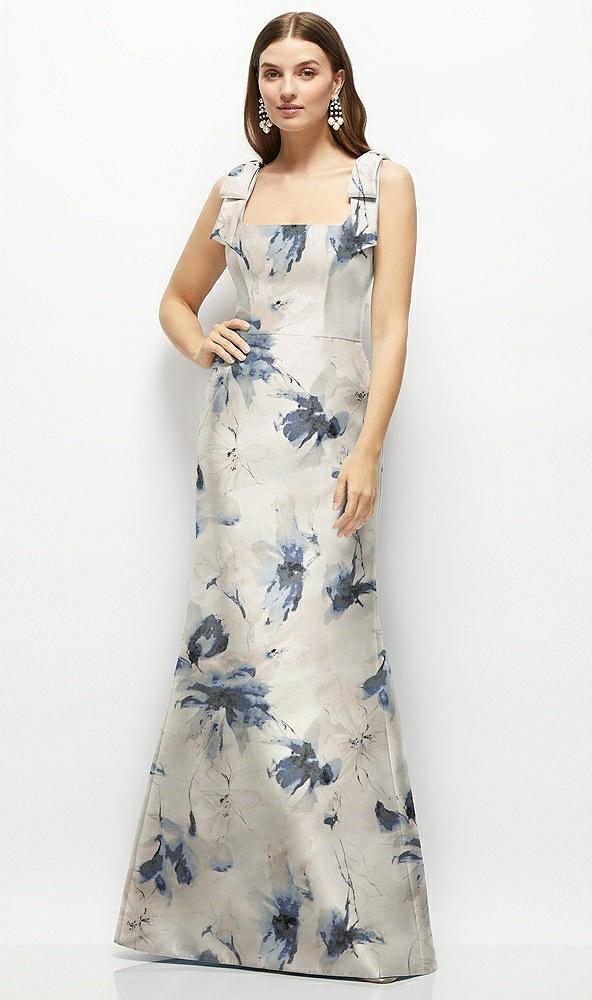 floral satin fit and flare maxi dress with shoulder bows