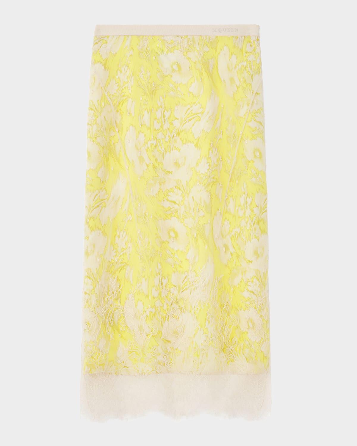 floral satin lace-trim midi slip skirt