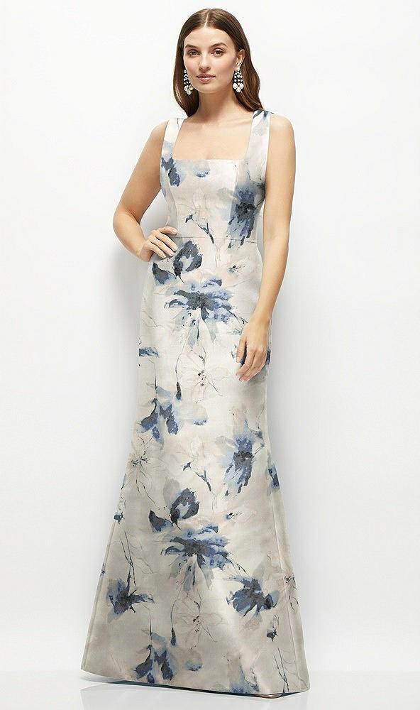 floral satin square neck fit and flare maxi dress