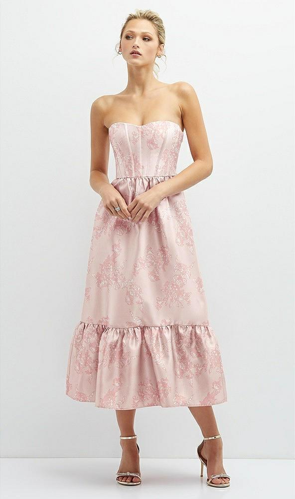 floral satin strapless midi corset dress with lace-up back & ruffle hem