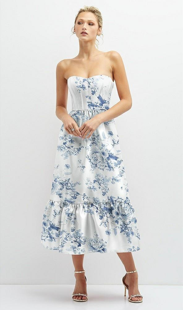 floral satin strapless midi corset dress with lace-up back & ruffle hem
