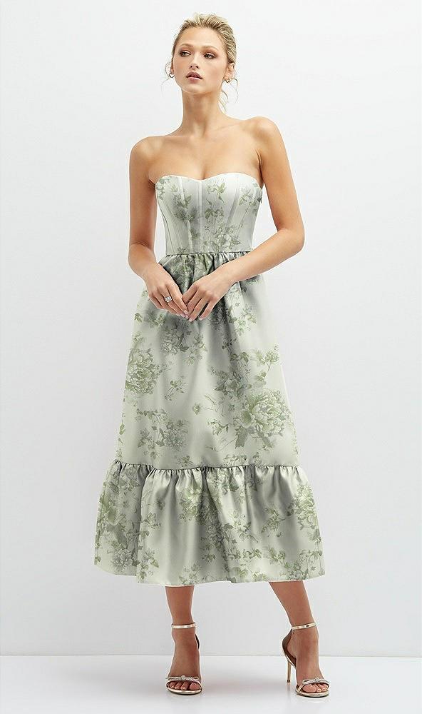 floral satin strapless midi corset dress with lace-up back & ruffle hem