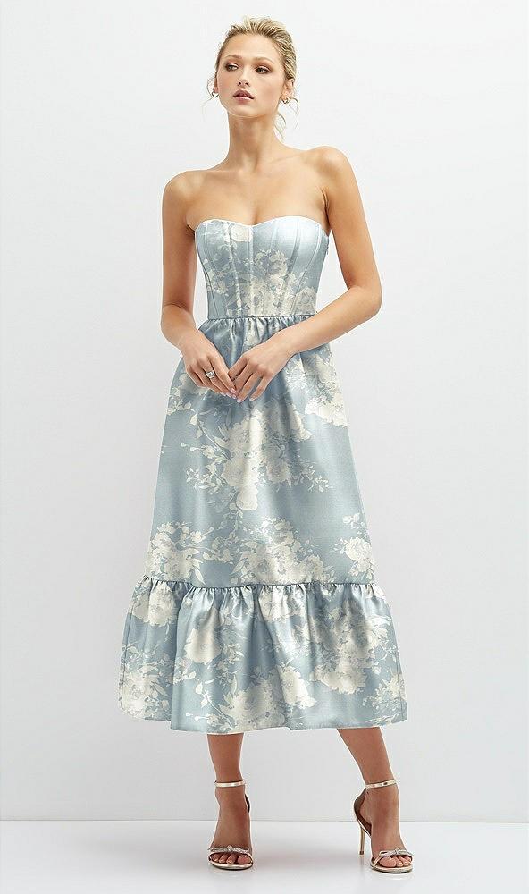 floral satin strapless midi corset dress with lace-up back & ruffle hem
