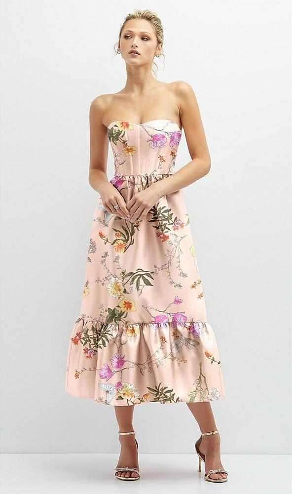 floral satin strapless midi corset dress with lace-up back & ruffle hem