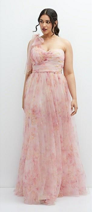 floral scarf tie one-shoulder tulle dress with long full skirt
