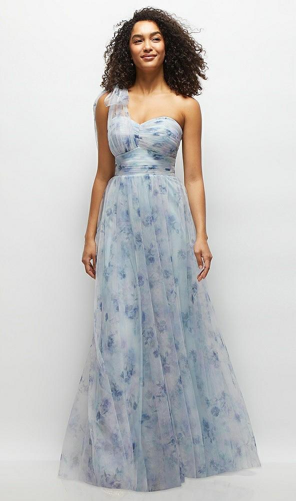 floral scarf tie one-shoulder tulle dress with long full skirt