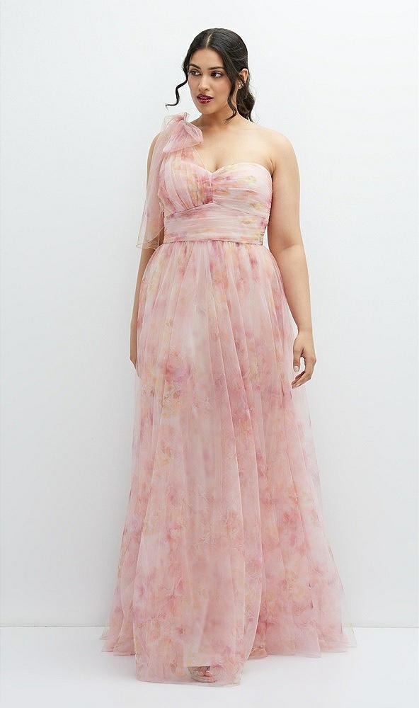 floral scarf tie one-shoulder tulle dress with long full skirt