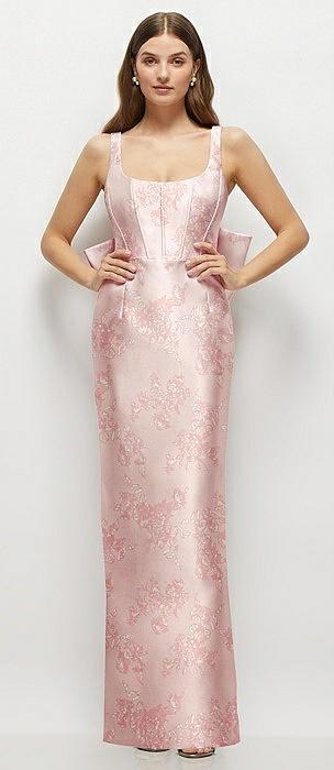 floral scoop neck corset satin maxi dress with floor-length bow tails