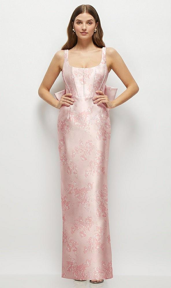 floral scoop neck corset satin maxi dress with floor-length bow tails
