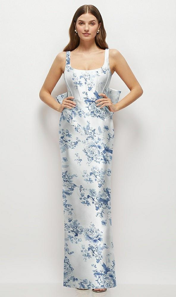 floral scoop neck corset satin maxi dress with floor-length bow tails