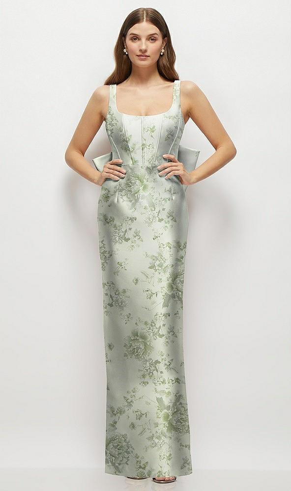 floral scoop neck corset satin maxi dress with floor-length bow tails