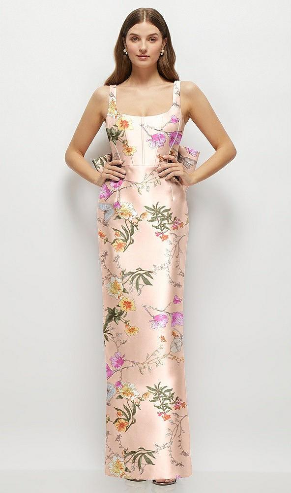 floral scoop neck corset satin maxi dress with floor-length bow tails
