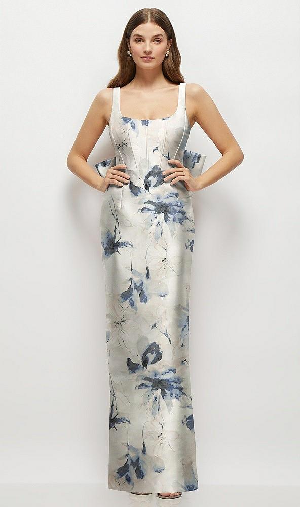 floral scoop neck corset satin maxi dress with floor-length bow tails