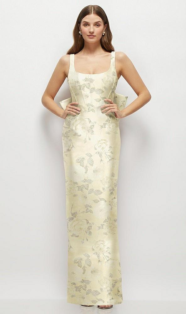 floral scoop neck corset satin maxi dress with floor-length bow tails