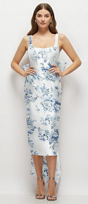 floral scoop neck corset satin midi dress with floor-length bow tails