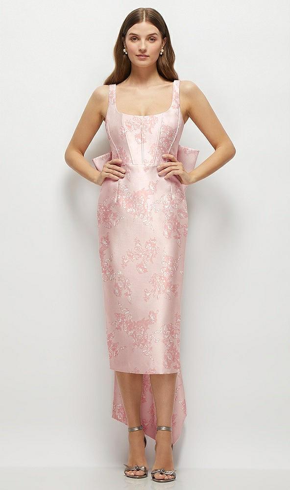 floral scoop neck corset satin midi dress with floor-length bow tails