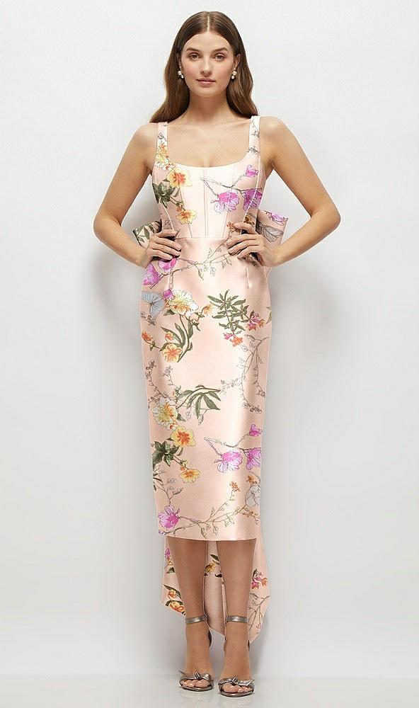 floral scoop neck corset satin midi dress with floor-length bow tails