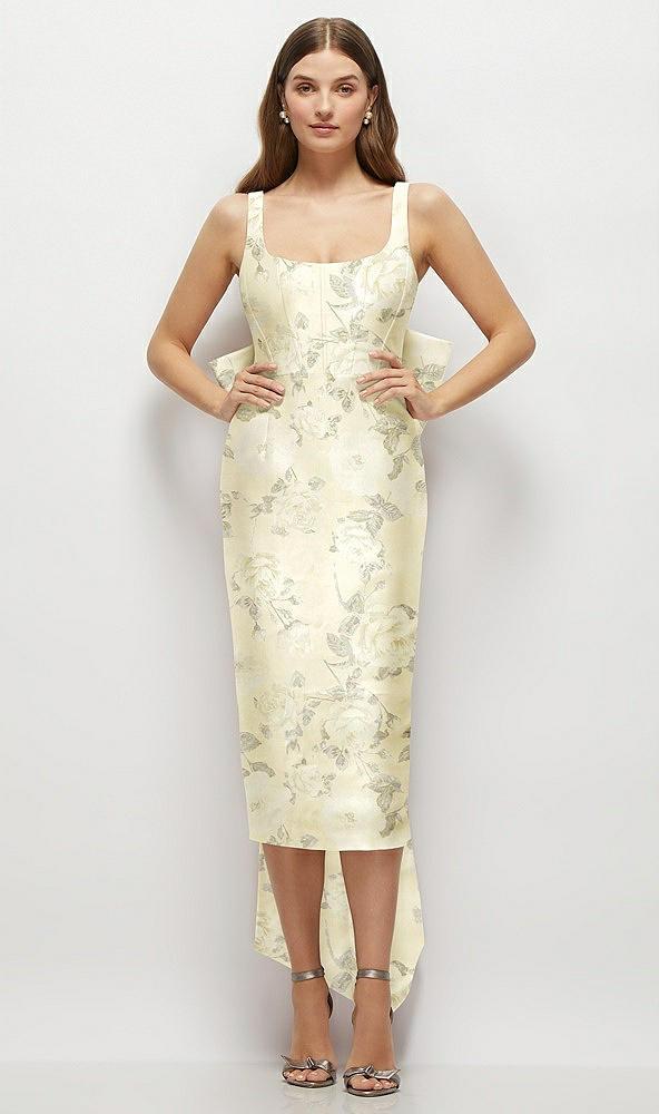floral scoop neck corset satin midi dress with floor-length bow tails