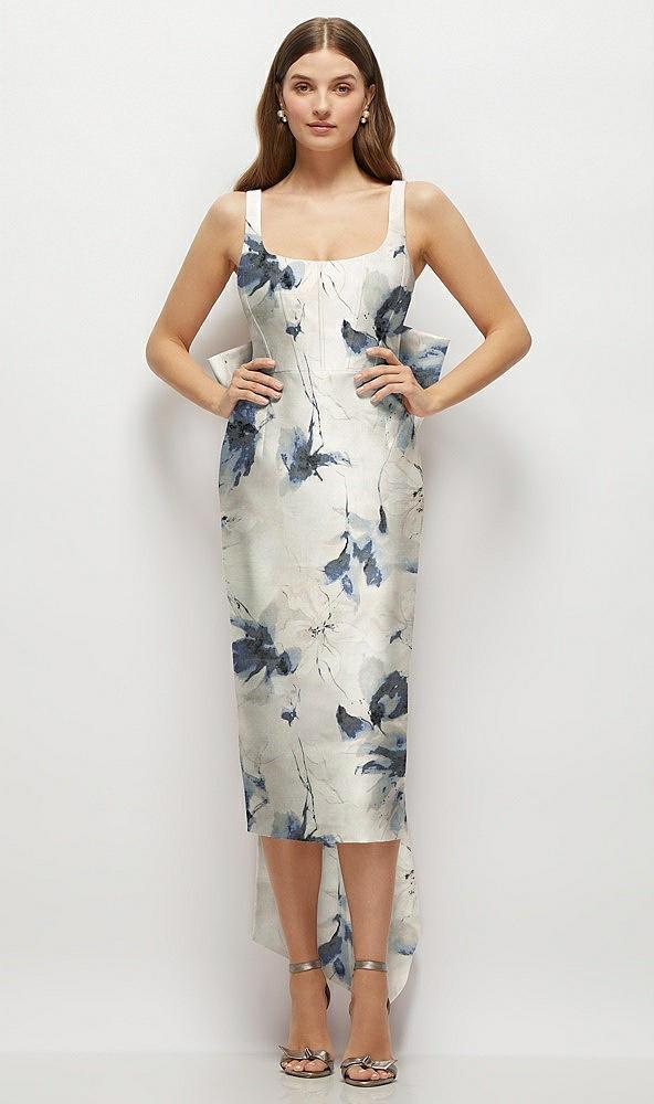 floral scoop neck corset satin midi dress with floor-length bow tails