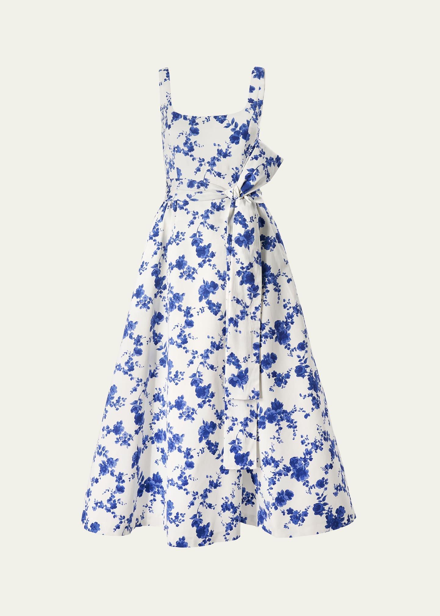 floral scoop neck midi dress with sash