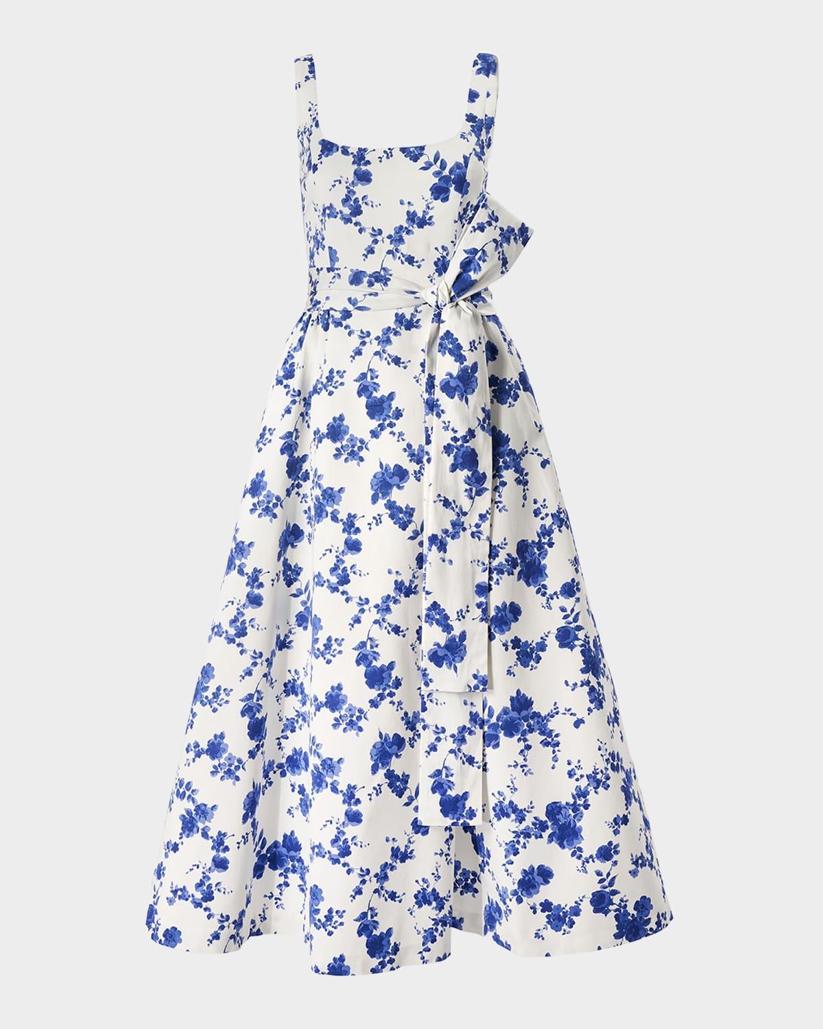 floral scoop neck midi dress with sash