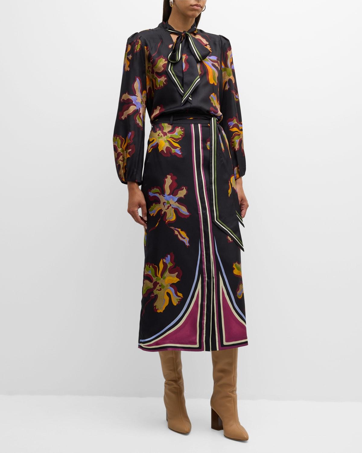 floral seductive tie-neck silk blouse
