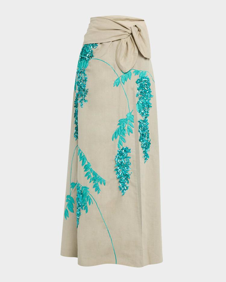 floral sequin embroidered linen slit maxi skirt