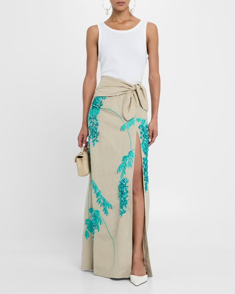 floral sequin embroidered linen slit maxi skirt