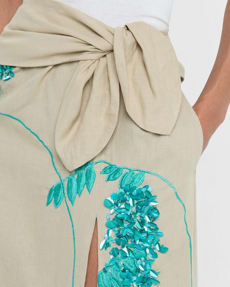 floral sequin embroidered linen slit maxi skirt