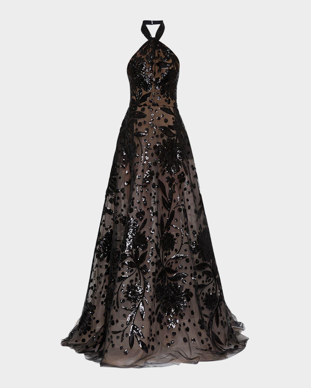 floral sequin tulle halter gown