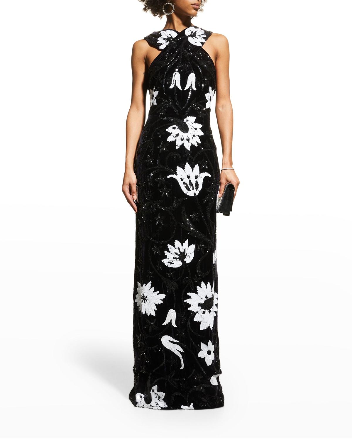floral sequin twist-back velvet column gown