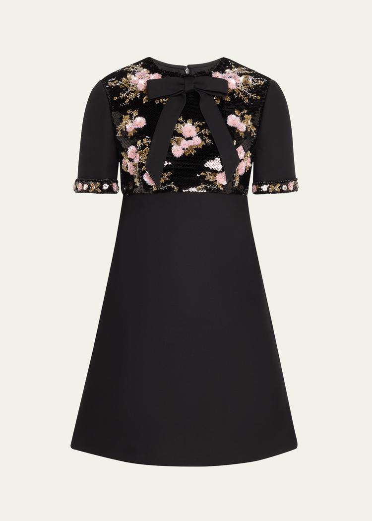 floral sequined bow-neck mini dress