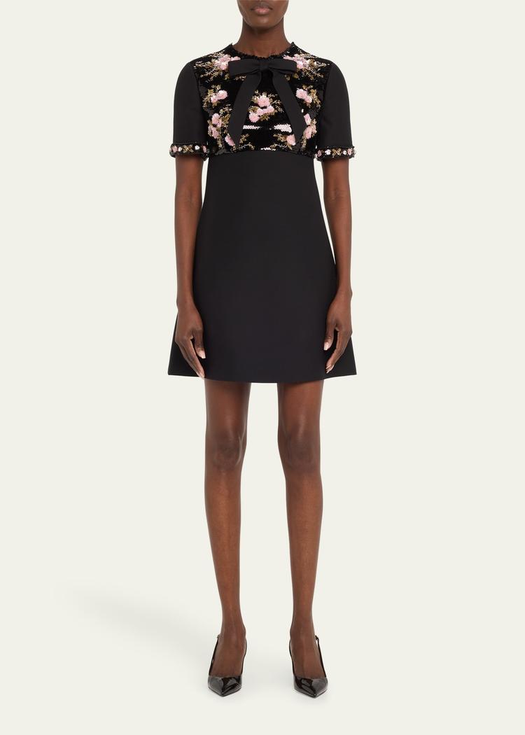 floral sequined bow-neck mini dress