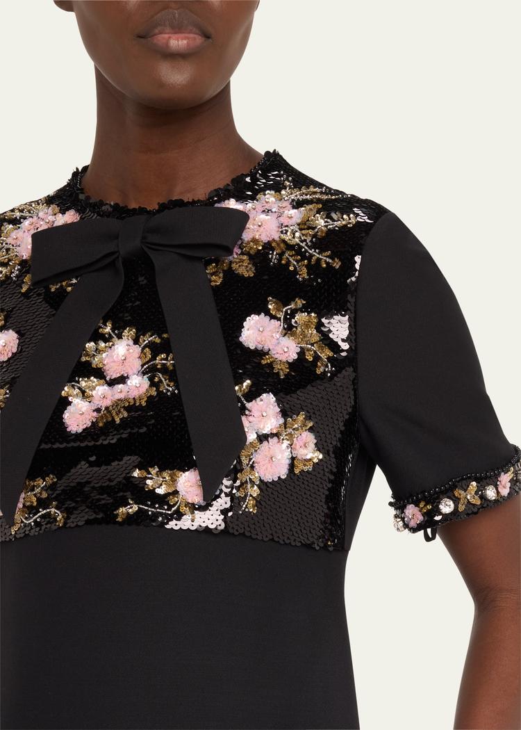 floral sequined bow-neck mini dress