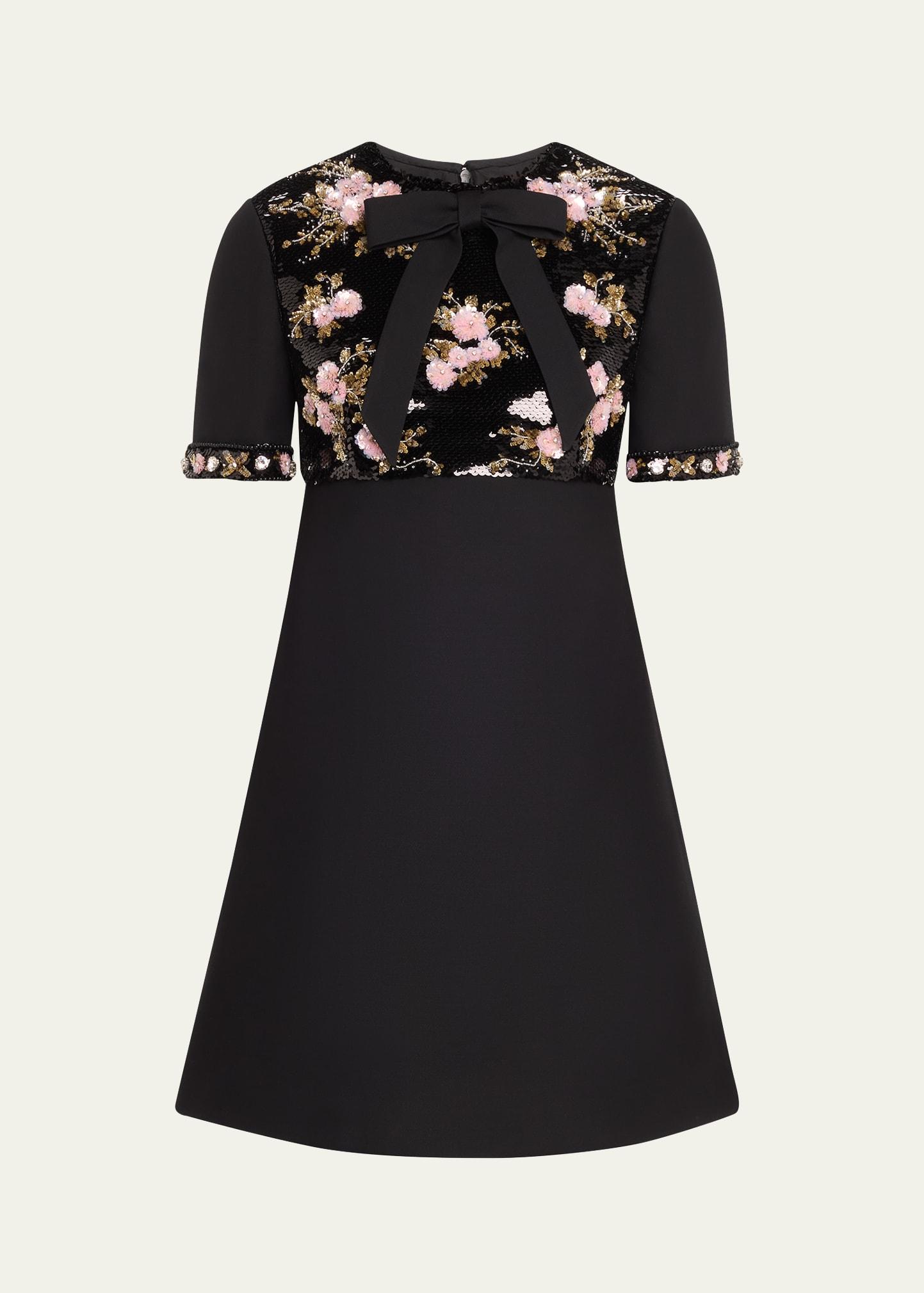 floral sequined bow-neck mini dress