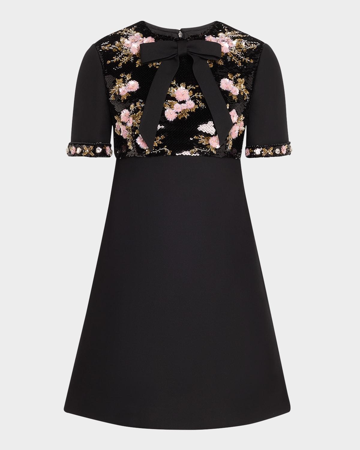 floral sequined bow-neck mini dress