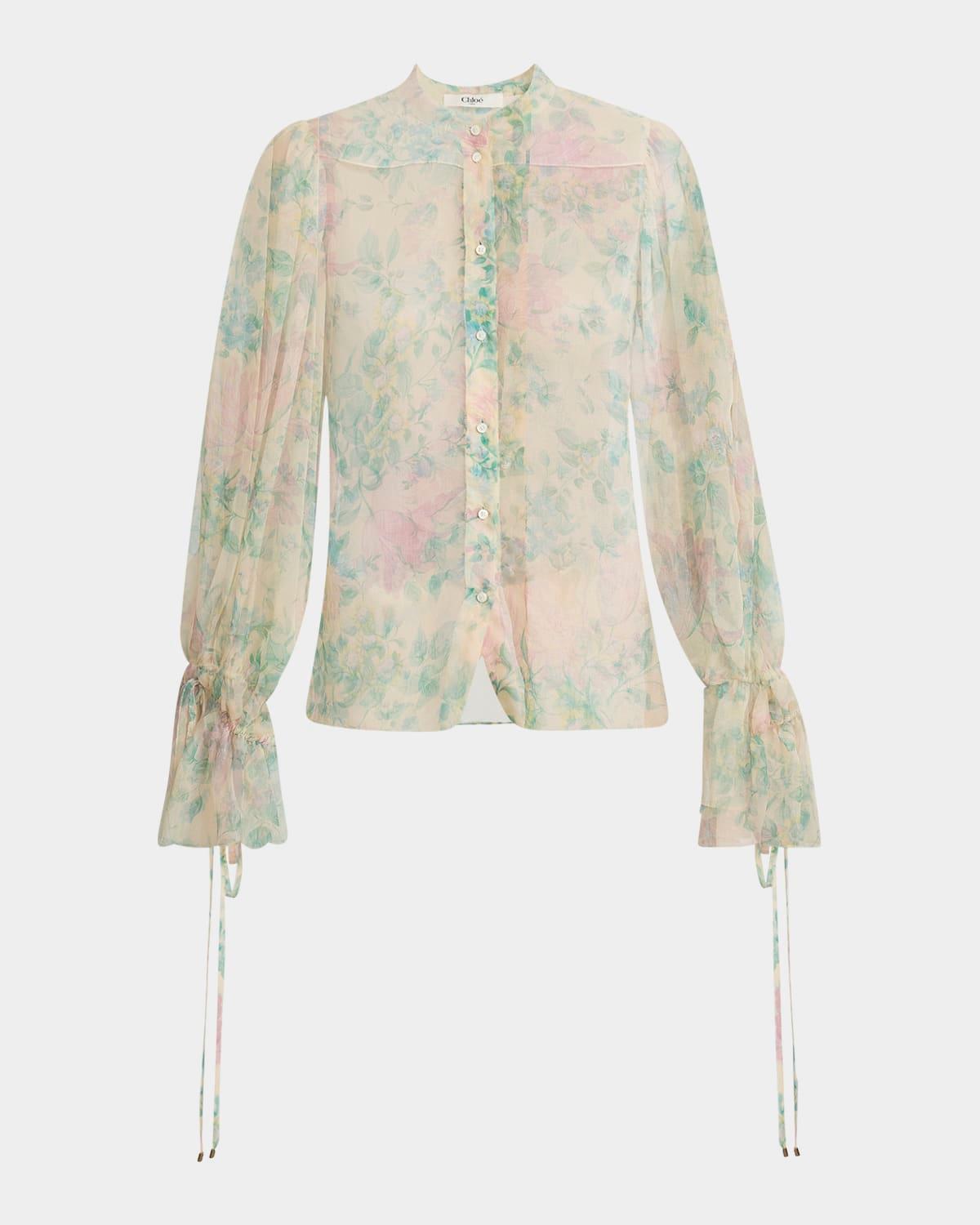 floral silk balloon-sleeve button-down top